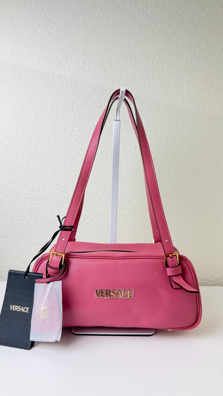 sale ends 7/13 Versace Pink Leather Tag Double-Handle Shoulder Bag New
